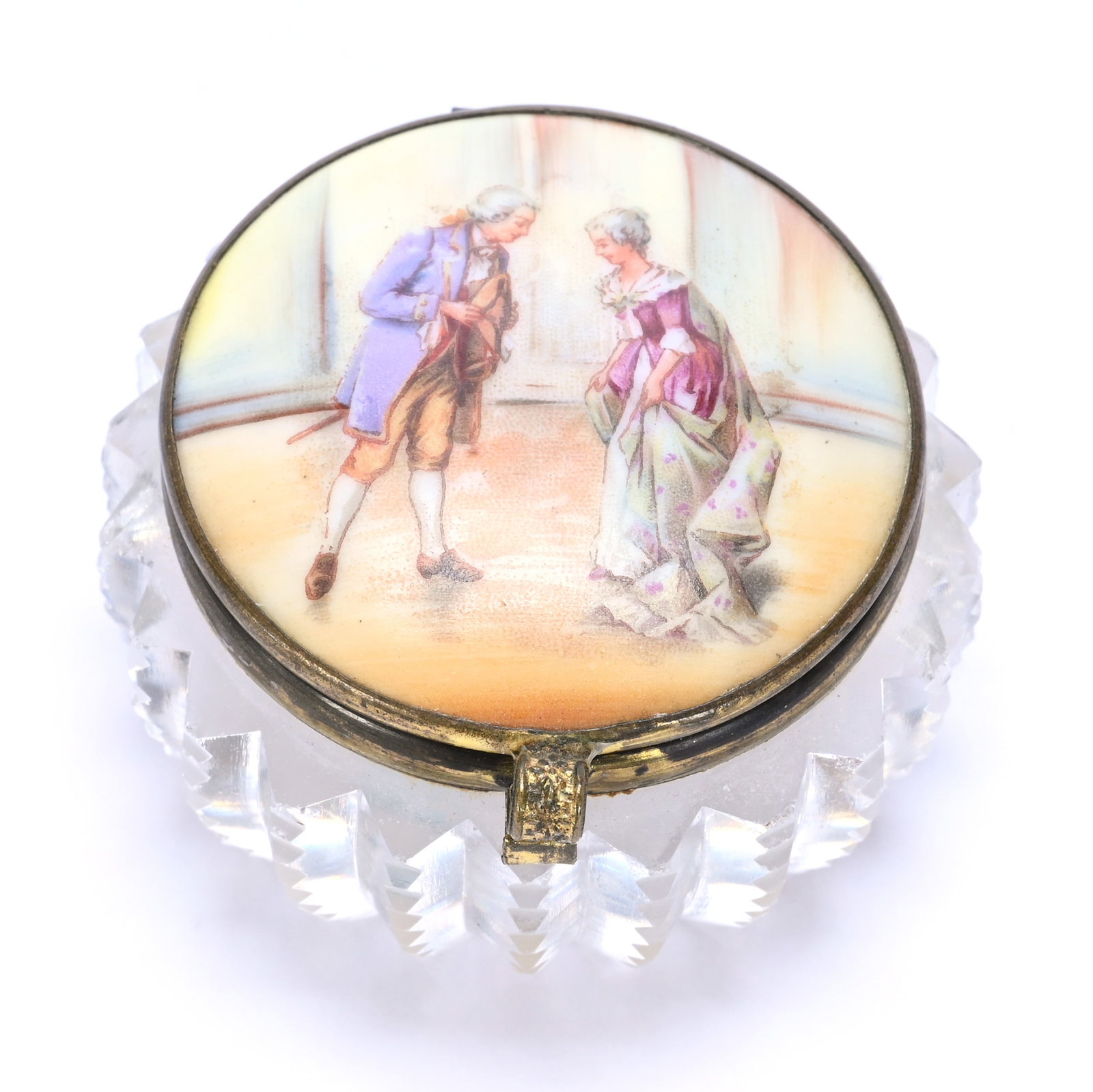 Beauty Box, Brilliant Period Cut Glass: Beauty Box, Brilliant Period Cut Glass, 1.25" x 2" x 2", 0.18 Pounds, Prism Cut Body With Hand Painted Porcelain Inlay, Flip Lid With Mirror In Lid, Bill And Kathleen Pratt Collection, Kansas.