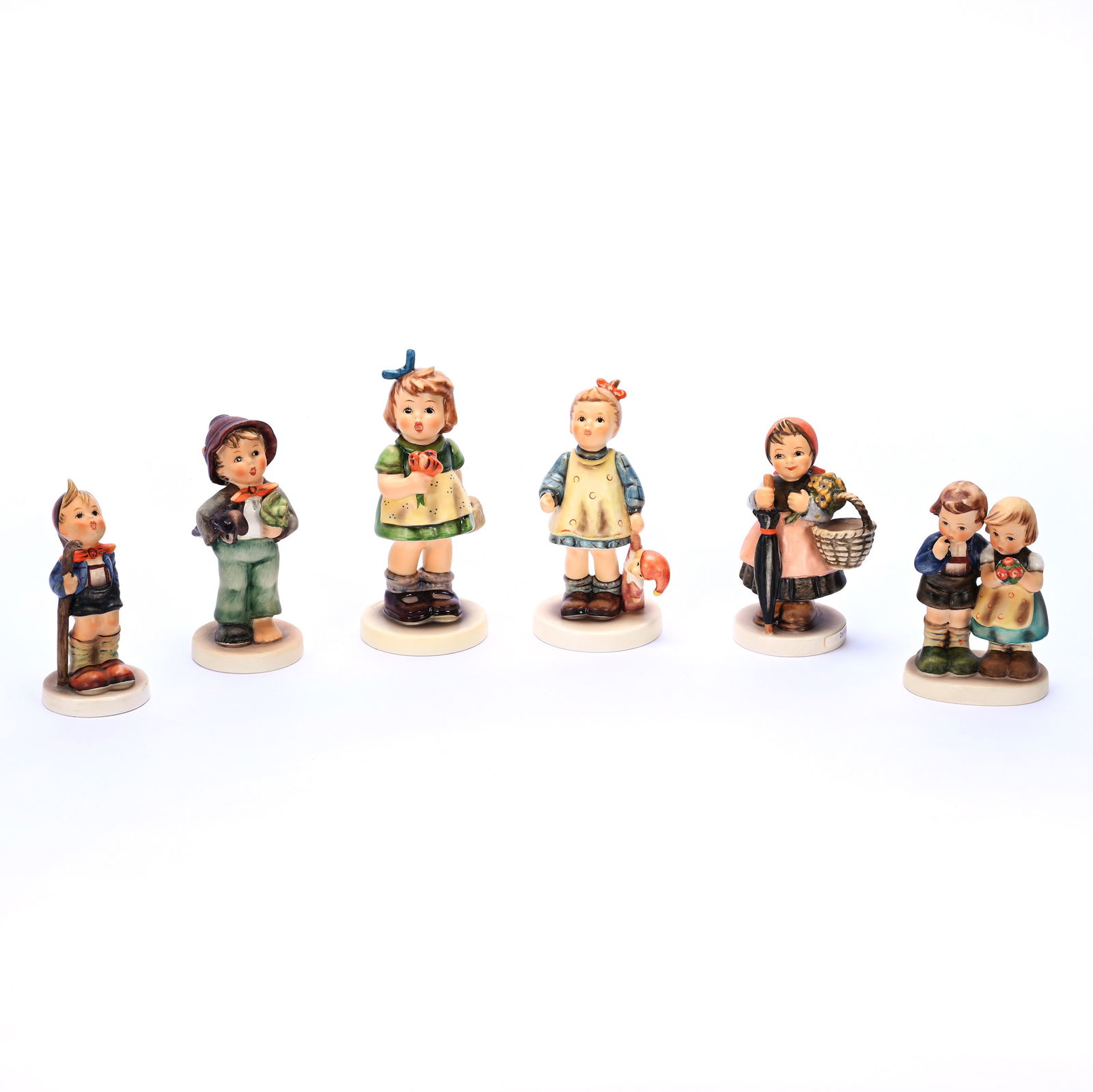 (6) Hummel Figurines: (6) Hummel Figurines, 1.24 Pounds, (1) 5.5" x 2.5" x 2.5", The Surprise #431, TM-5, Exclusive Special Edition #12, (1) 5" x 2.75" x 2.5", Fascination #649/0, TM-7, Limited Edition 14,202 Of 25,000, (1