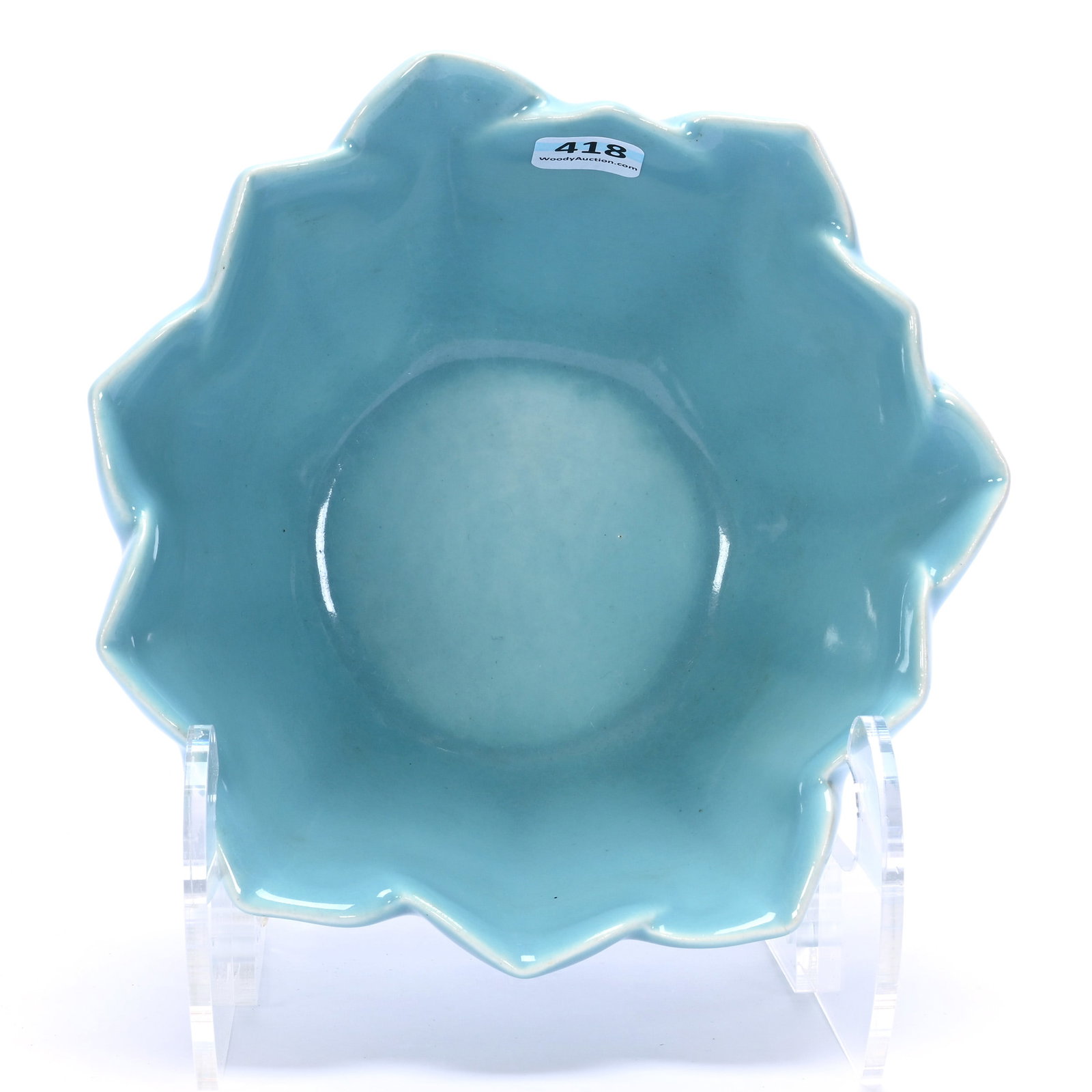 Bowl, Lotus Shape, Marked Rookwood #6132, Dated 1960: Bowl, Lotus Shape, Marked Rookwood #6132, Dated 1960, 3.5" x 7.5" x 7.5", 2.08 Pounds, Chinese Turquoise, Rim Hairline. This Item Sold At A Previous Woody Auction And The Buyer Failed To Complete The 