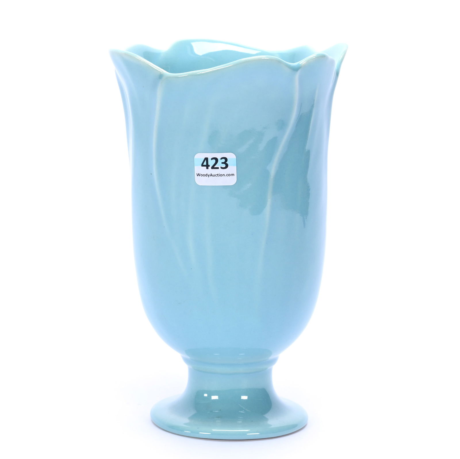 Pedestal Vase Marked Rookwood #6969 Art Pottery, Dated 1949: Pedestal Vase Marked Rookwood #6969 Art Pottery, Dated 1949, 8.25" x 5.5" x 5.5", 2.07 Pounds, Egyptian Light Turquoise Glaze. This Item Sold At A Previous Woody Auction And The Buyer Failed To Comple