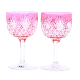 Pair Wine Stems, American Brilliant Cut Glass, Cranberry Cut To Clear