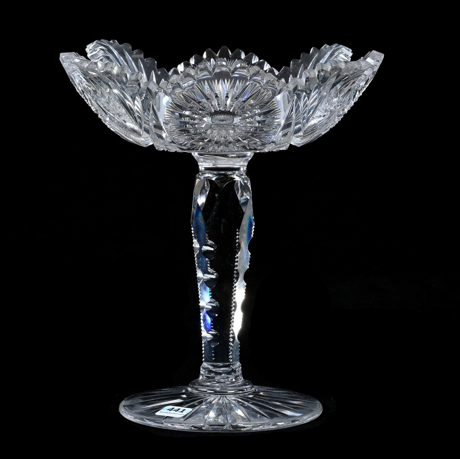 Compote, American Brilliant Cut Glass: Compote, American Brilliant Cut Glass, 10.5" x 8.75" x 8.75", 5.57 Pounds, Four Sections Of Sunburst, Cane, Crosscutting, And Fan Motif, Solid Notched Stem, Ray Cut Foot, One Tooth With Sliver Chip. T