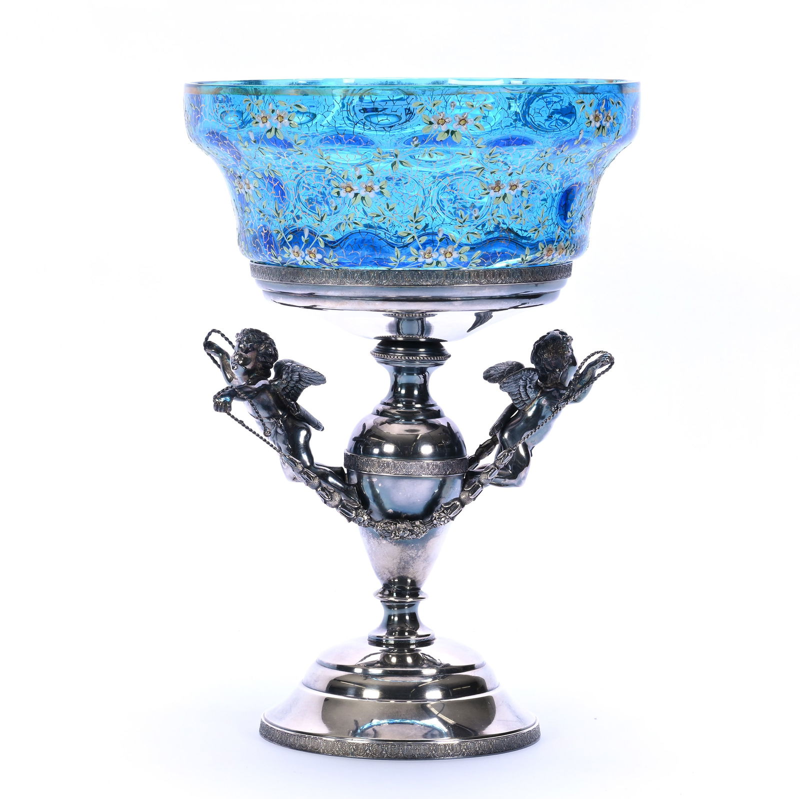 Victorian Brides Basket, Blue Coinspot Art Glass Bowl With Extensive Enamel Floral Decor (1 of 5)