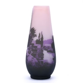 Oval Vase Signed Arsall Cameo Art Glass, Scenic Decor