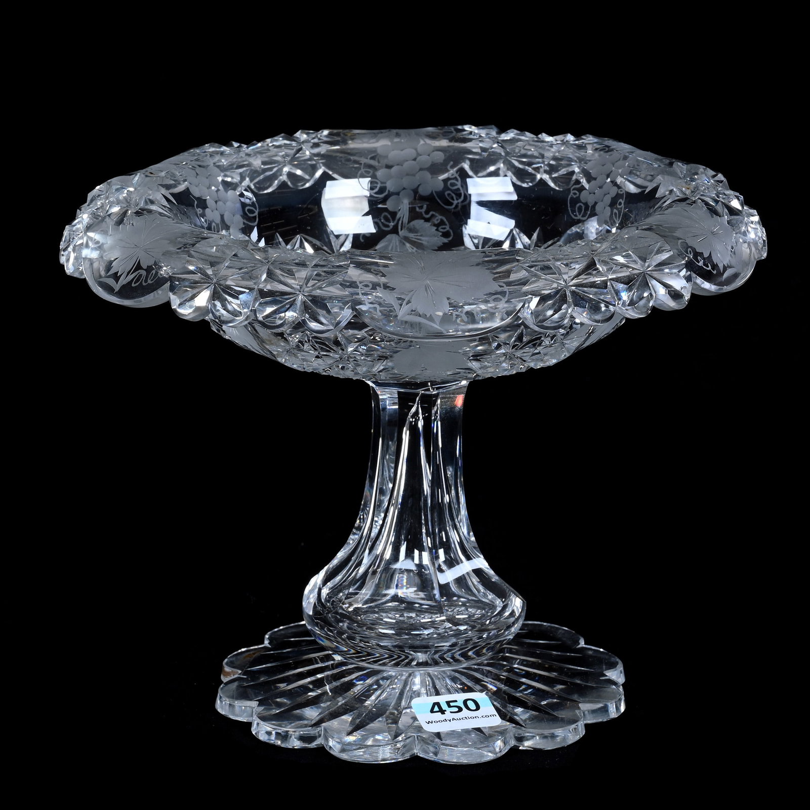 Rolled Rim Compote, American Brilliant Cut Glass: Rolled Rim Compote, American Brilliant Cut Glass, 6" x 7.5" x 7.5", 2.52 Pounds, Diamond Fields Alternating With Engraved Vintage Motif, Scalloped Ray Cut Foot. This Item Sold At A Previous Woody Auct