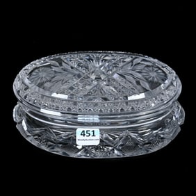 Oval Covered Box, American Brilliant Cut Glass, Nassau Pattern By J. Hoare