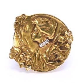 Lady's Ring, 14K Gold, Art Nouveau Coin Form With Embossed Woman And Iris Flowers