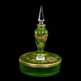 Powder Box With Attached Perfume Bottle, Solid Vaseline Art Glass By Fostoria