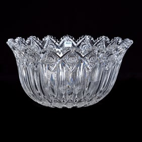 One Piece Punch Bowl, American Brilliant Cut Glass, Signed Hawkes Brunswick Pattern