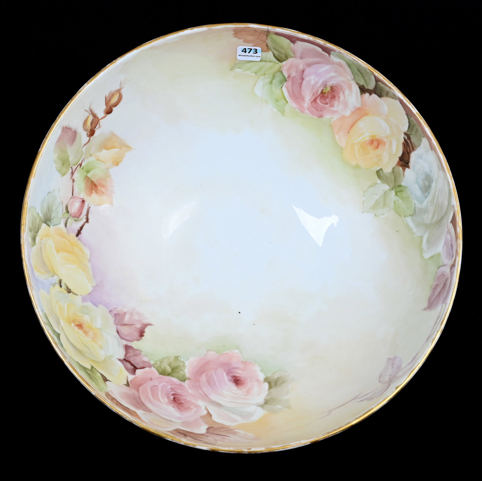 Pedestal Punch Bowl Marked T&V Limoges: Pedestal Punch Bowl Marked T&V Limoges, 6.5" x 15.25" x 15.25", 7.42 Pounds, Hand Painted Rose Decor, Yellow And Burgundy Tones, Long Hairline. This Item Sold At A Previous Woody Auction And The Buyer
