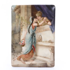 French Porcelain Plaque, Two Young Ladies At Window Titled "Le Retour" (The Return)