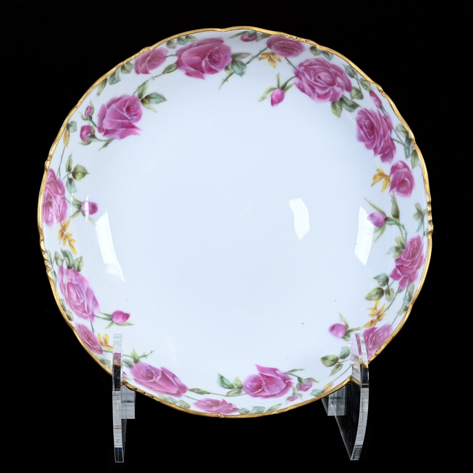 Footed Bowl, Unmarked Limoges: Footed Bowl, Unmarked Limoges, 3" x 8.5" x 8.5", 1.02 Pounds, Green And White Tones, Pink Rose Decor, Heavy Gold Trim, Matching Interior Decor. This Item Sold At A Previous Woody Auction And The Buyer