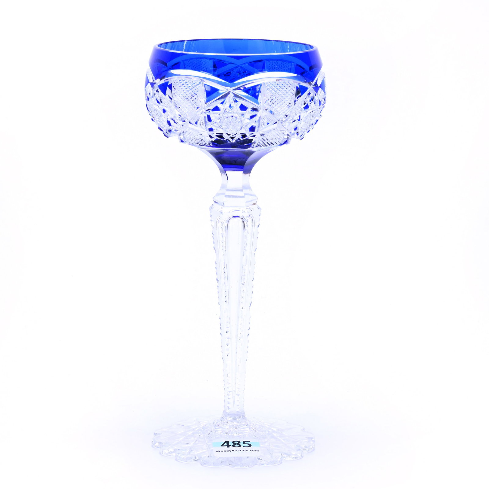 Wine Stem, Brilliant Period Cut Glass, Cobalt Blue Cut To Clear: Wine Stem, Brilliant Period Cut Glass, Cobalt Blue Cut To Clear, 7.5" x 3.5" x 3.5", 0.66 Pounds, Saarbrucken Pattern By Val St. Lambert, Circa 1905, Notched Stem, Scalloped Hobstar Foot, Possible Rim