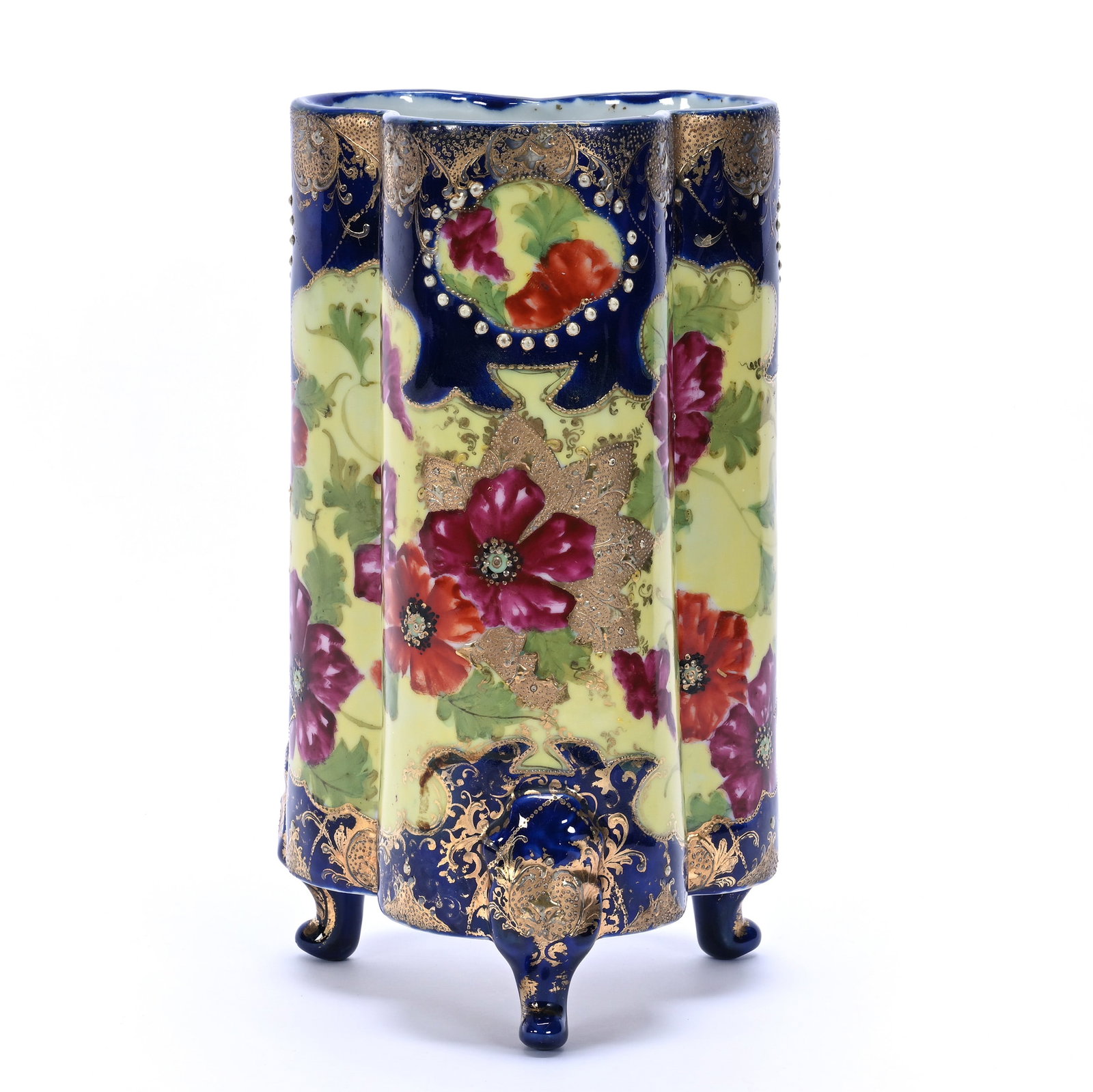 Vase, Three Footed, Clover Shape, Unidentified Chinese Mark: Vase, Three Footed, Clover Shape, Unidentified Chinese Mark, 10.75" x 6" x 6", 3.86 Pounds, Yellow Ground, Cobalt Blue Border, Scattered Red Poppy Decor, Gold Highlights, Hard To See Crow's Foot In Ba