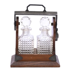 Tantalus Set With Two Square Bottles, Pattern/Pressed Glass With Block Design