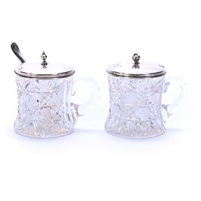 (2) Mustard Jars With Handles, American Brilliant Cut Glass, Two Cut Octagon Pattern By Pairpoint