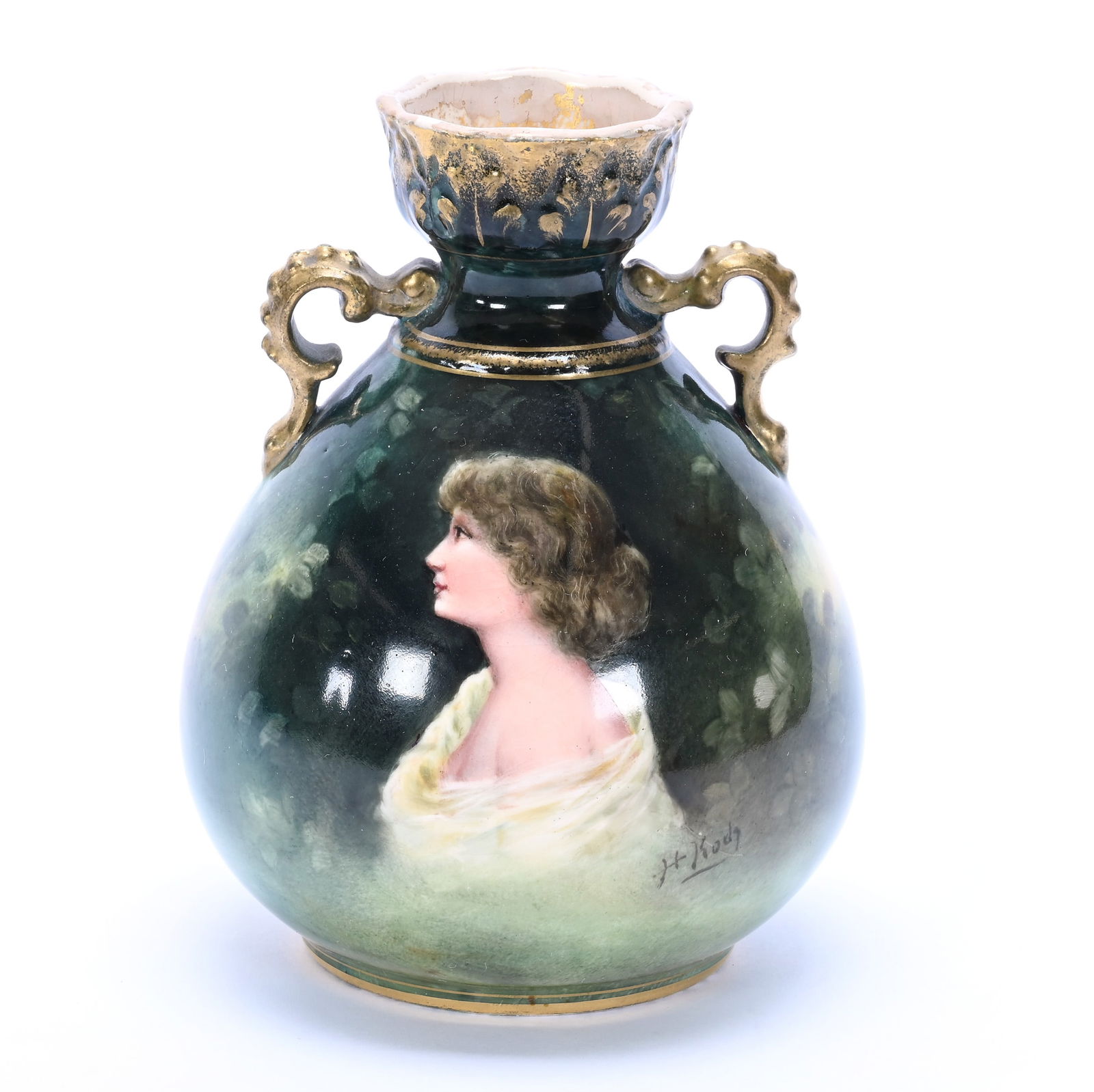 Vase Marked Royal Bonn, Portrait Of Young Woman, Artist Signed: Vase Marked Royal Bonn, Portrait Of Young Woman, Artist Signed, 5.75" x 4.25" x 4.25", 0.76 Pounds, Green And Yellow Tones. This Item Sold At A Previous Woody Auction And The Buyer Failed To Complete