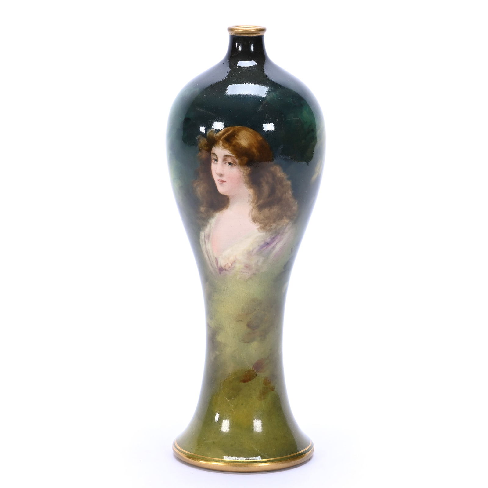 Vase Marked Royal Bonn, Portrait Of Young Woman, Artist Signed: Vase Marked Royal Bonn, Portrait Of Young Woman, Artist Signed, 9.5" x 3.5" x 3.5", 1.19 Pounds, Green And Yellow Tones. This Item Sold At A Previous Woody Auction And The Buyer Failed To Complete The