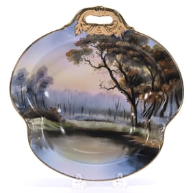 Handled Bowl With Noritake Wreath Mark, Scenic Decor Of Lake