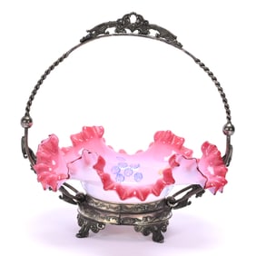 Victorian Brides Basket, Pink Cased Art Glass Ruffled Bowl With Enamel Decor