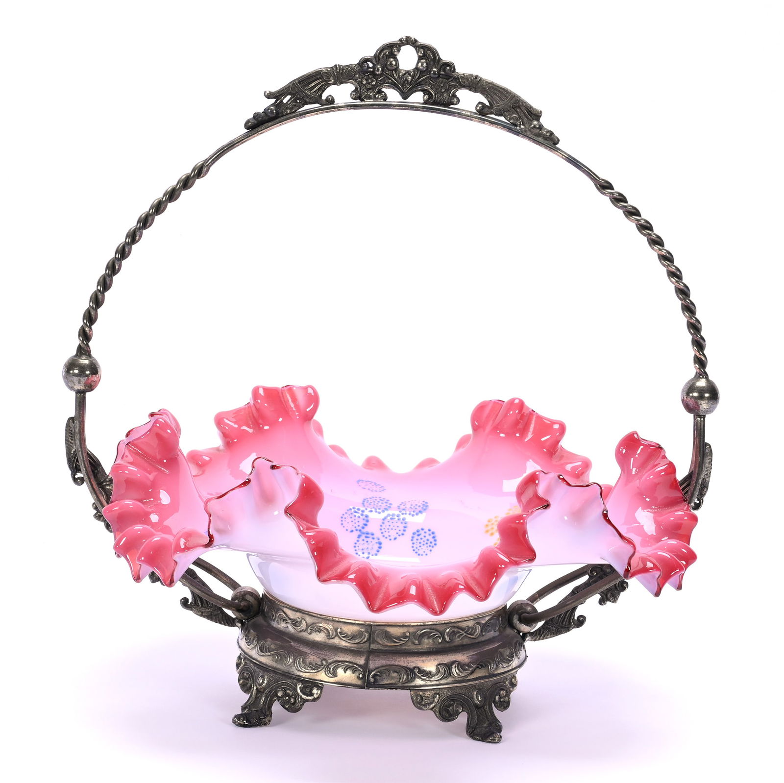 Victorian Brides Basket, Pink Cased Art Glass Ruffled Bowl With Enamel Decor (1 of 3)