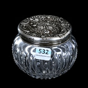 Powder Box, American Brilliant Cut Glass, Prism Cut Body, Ray Cut Base