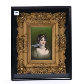 Shadowbox With Unmarked German Porcelain Plaque Measuring 6" x 4.25"