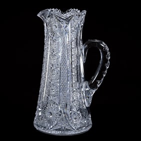 Pitcher, American Brilliant Cut Glass, Finely Cut Hobstar, Vesica, Nailhead Diamond, Prism, And Fan