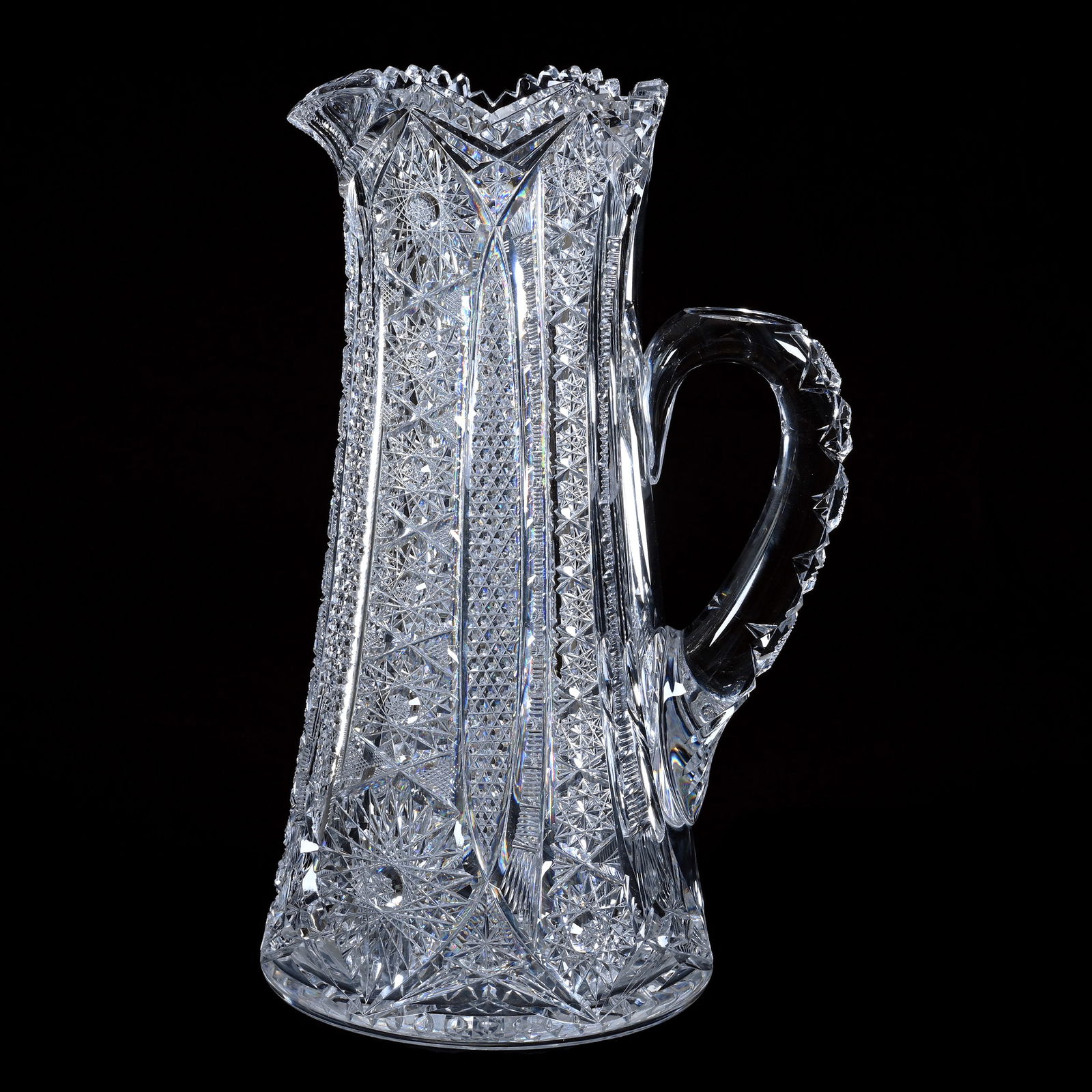 Pitcher, American Brilliant Cut Glass, Finely Cut Hobstar, Vesica, Nailhead Diamond, Prism, And Fan