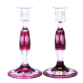Pair Candlestick Holders, Brilliant Period Cut Glass, Amethyst Cut To Clear