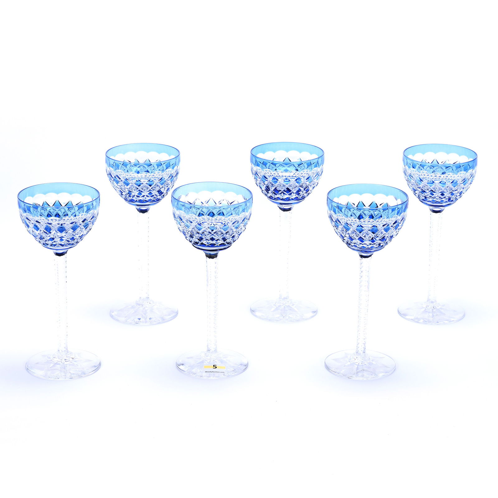(6) Wine Stems, Brilliant Period Cut Glass, Blue Cut To Clear, Waldenburg Pattern By Val St. (1 of 3)