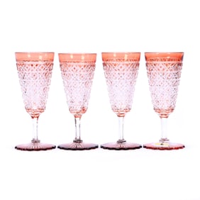 (4) Flute Champagnes, Brilliant Period Cut Glass, Apricot Cut To Clear