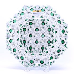 Eight Sided Plate, American Brilliant Cut Glass, Green Cut To Clear, Russian Pattern With Uncut