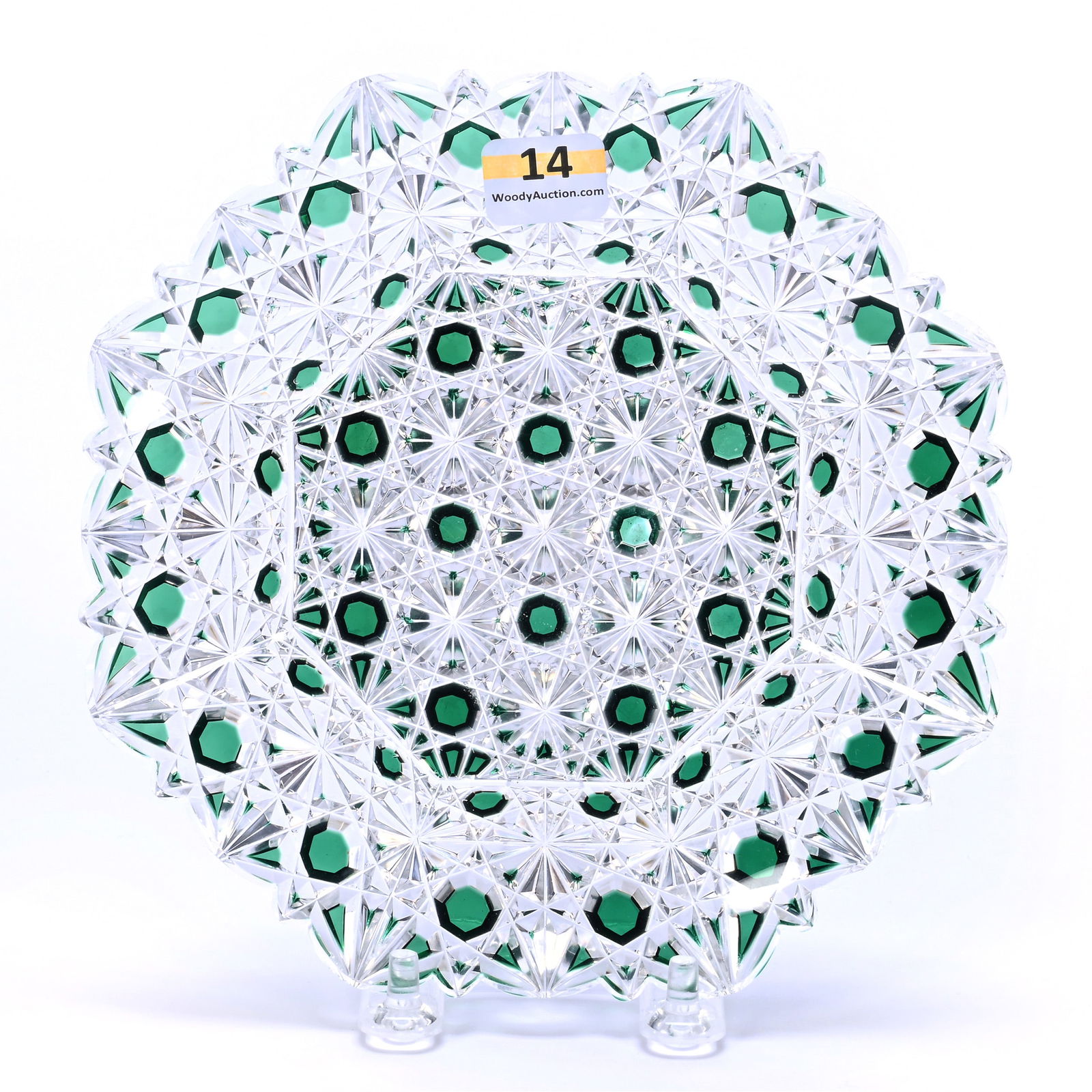 Eight Sided Plate, American Brilliant Cut Glass, Green Cut To Clear, Russian Pattern With Uncut (1 of 3)