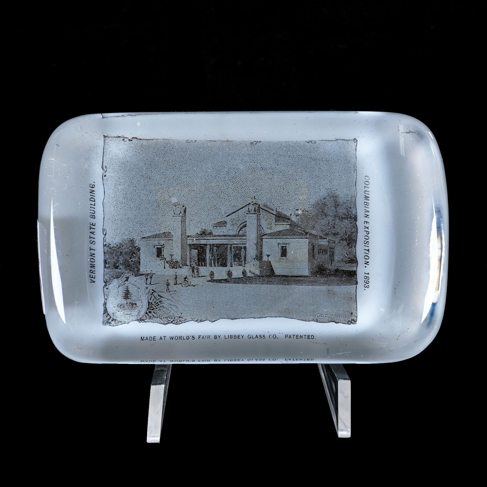 Brilliant Period Souvenir Paperweight, Columbian Exposition 1893: Brilliant Period Souvenir Paperweight, Columbian Exposition 1893, 0.75 x 4 x 2.5 Inches, Made At The World's Fair By Libbey Glass Company, Scene Features Vermont State Building, 1 Pound, Massachusetts
