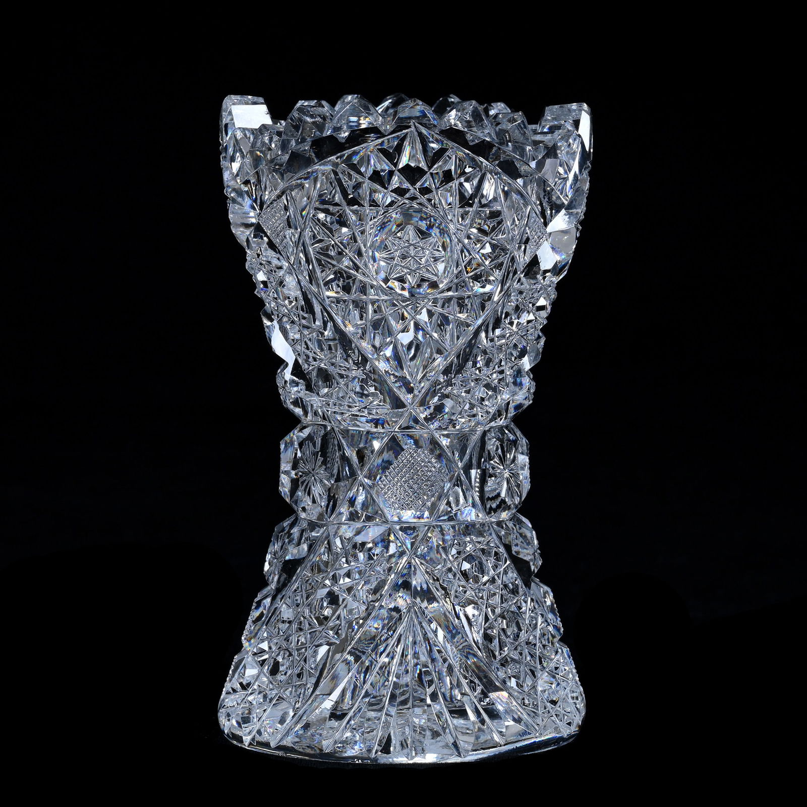 Miniature Vase, American Brilliant Cut Glass, Well Cut Hobstar, Cane, Star, And Fan Motif: Miniature Vase, American Brilliant Cut Glass, Well Cut Hobstar, Cane, Star, And Fan Motif, 4 x 2.25 x 2.25 Inches, Ray Cut Base, Nice Quality, 1 Pound, Massachusetts Private Collection.