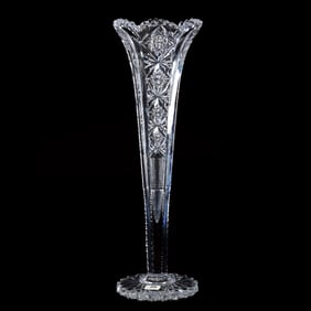 Trumpet Vase, American Brilliant Cut Glass, Signed Hawkes Tectonic Pattern (Aka Easter)