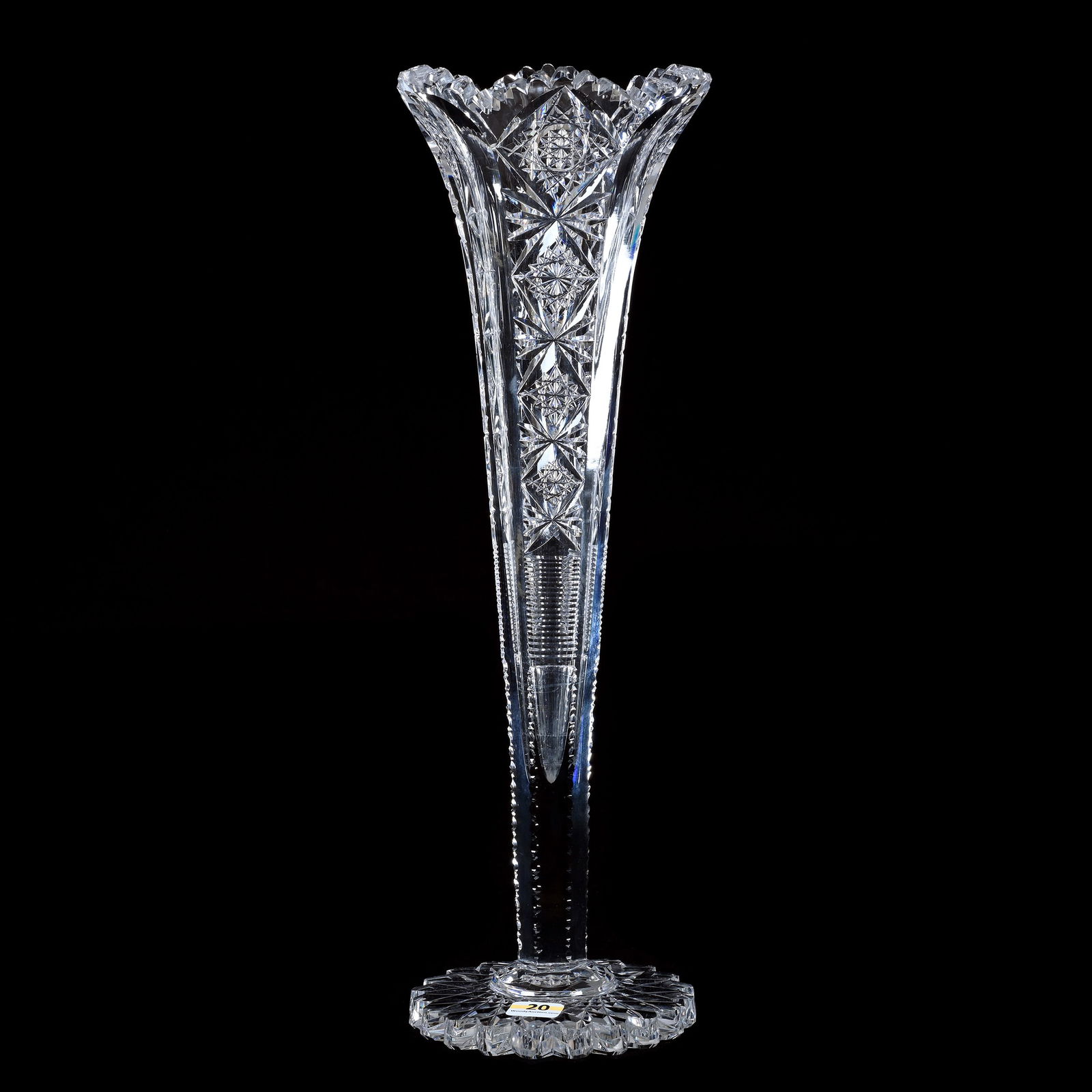 Trumpet Vase, American Brilliant Cut Glass, Signed Hawkes Tectonic Pattern (Aka Easter): Trumpet Vase, American Brilliant Cut Glass, Signed Hawkes Teutonic Pattern (AKA Easter), 15.75 x 5.25 x 5.25 Inches, Scalloped Hobstar Foot, Fantastic Example, 4 Pounds, Massachusetts Private Collecti