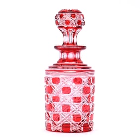 Cologne Bottle, Brilliant Period Cut Glass, Cranberry Cut To Clear, Hob Diamond Pattern Attributed