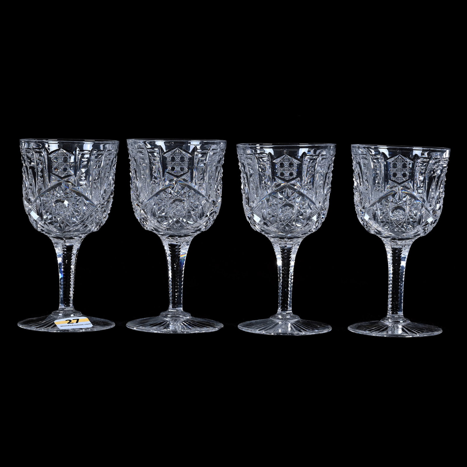 (4) Wine Stems, American Brilliant Cut Glass, Modified Ellsmere Pattern: (4) Wine Stems, American Brilliant Cut Glass, Modified Ellsmere Pattern, 4.75 x 2.5 x 2.5 Inches, Ray Cut Foot, 2 Pounds, Private Collection.