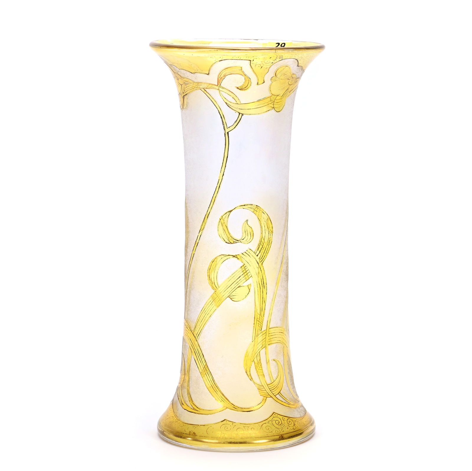 Vase, American Brilliant Cut Glass, Signed Honesdale, By Dorflinger, Yellow Acid Cut To Clear: Vase, American Brilliant Cut Glass, Signed Honesdale, By Dorflinger, Yellow Acid Cut To Clear, Approximately 12 x 5.25 x 5.25 Inches, Floral Design, Gold Stencil Highlights, 3 Pounds, Private Collecti
