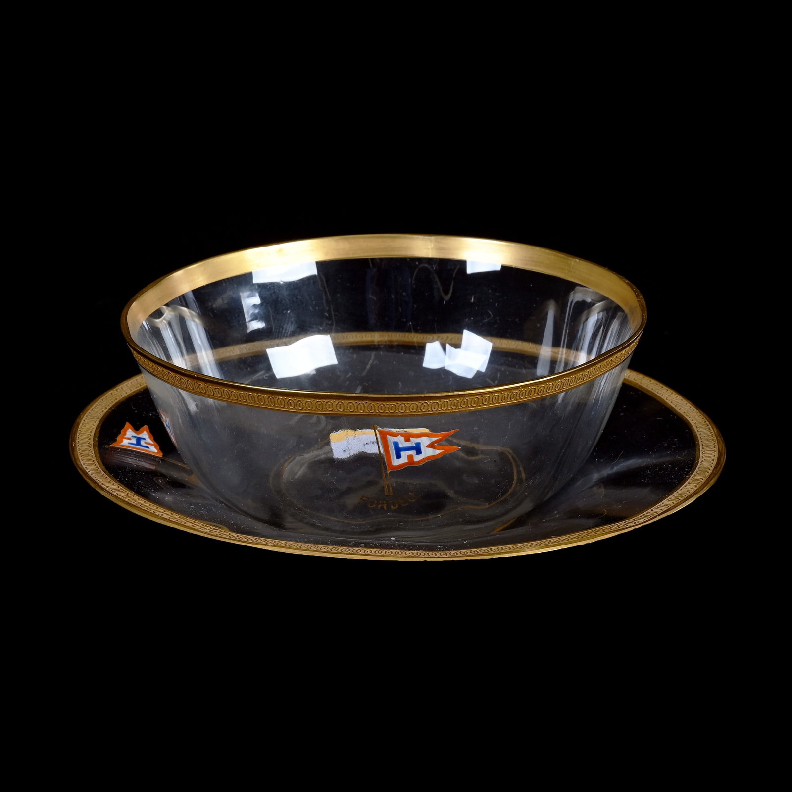 Finger Bowl And Underplate, Unmarked Honesdale By Dorflinger, Yacht Club Marked Fordell: Finger Bowl And Underplate, Unmarked Honesdale By Dorflinger, Yacht Club Marked Fordell, 2 x 6 x 6 Inches, Heavy Gold Trim, 1 Pound, Private Collection.
