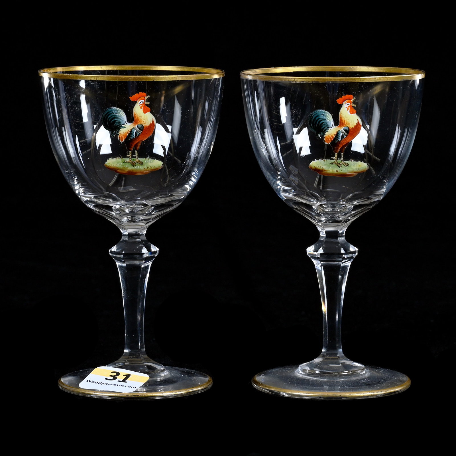 Pair Wine Stems, Unmarked Honesdale By Dorflinger: Pair Wine Stems, Unmarked Honesdale By Dorflinger, 4.5 x 2.75 x 2.75 Inches, Enamel Rooster And Gold Trim Highlights, 1 Pound, Private Collection.