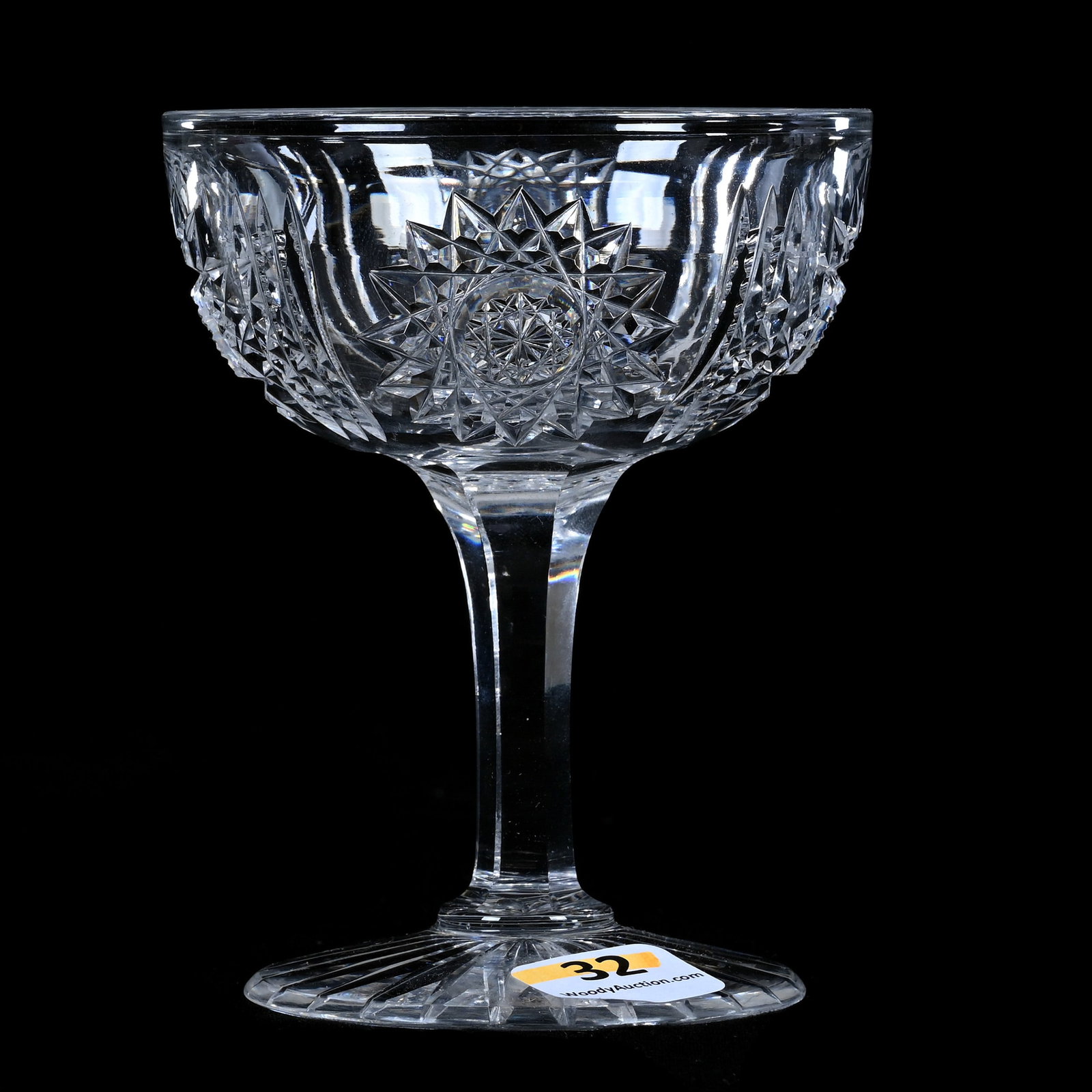 Champagne Stem, American Brilliant Cut Glass, Hobstar And Prism Pattern: Champagne Stem, American Brilliant Cut Glass, Hobstar And Prism Pattern, 4.25 x 3.5 x 3.5 Inches, Ray Cut Foot, 1 Pound, Private Collection.