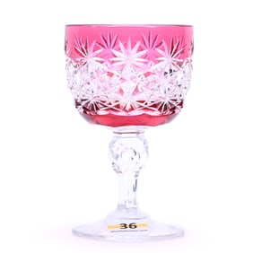 Wine Stem, American Brilliant Cut Glass, Cranberry Cut To Clear, Russian Pattern With Star Cut