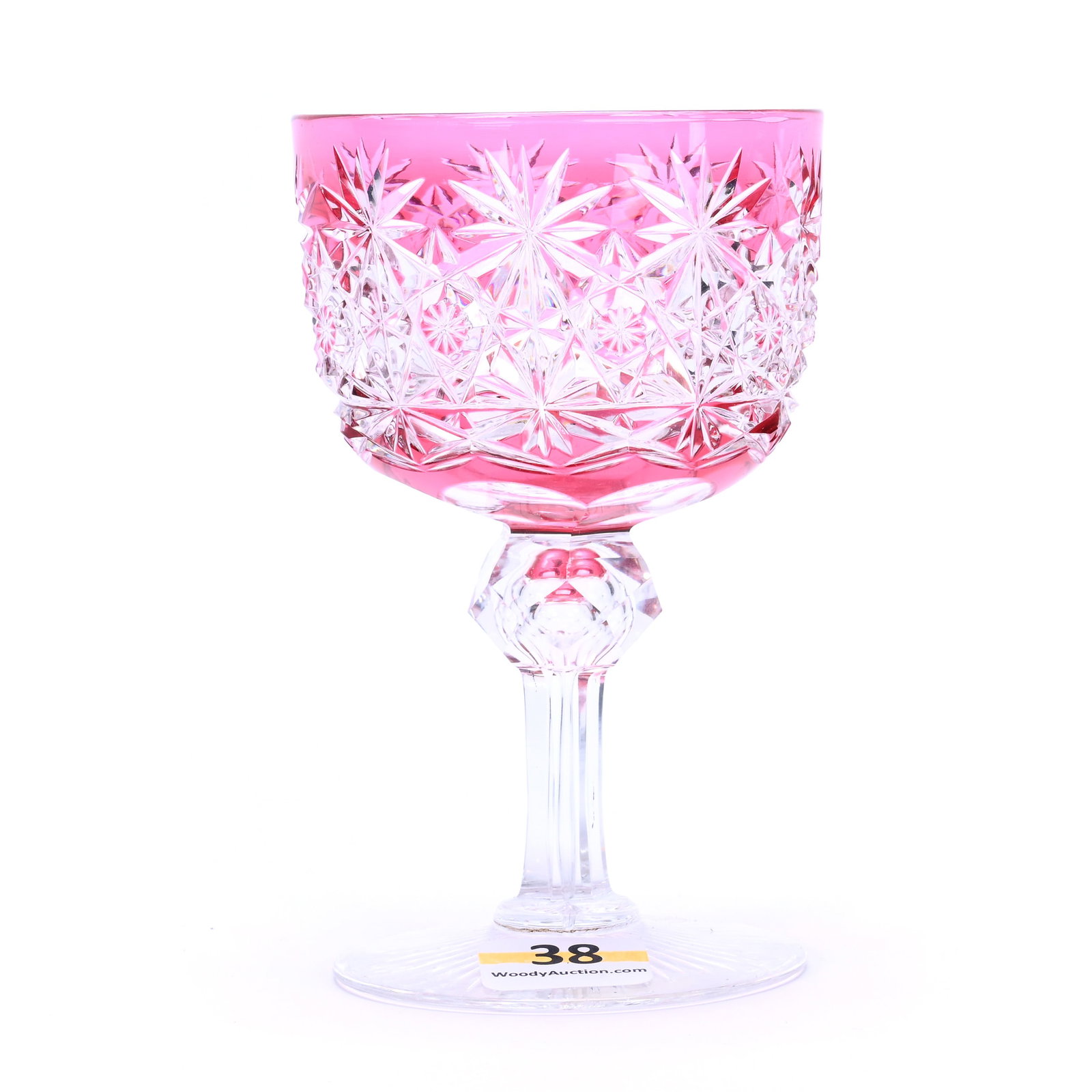 Wine Stem, American Brilliant Cut Glass, Cranberry Cut To Clear, Russian Pattern With Star Cut: Wine Stem, American Brilliant Cut Glass, Cranberry Cut To Clear, Russian Pattern With Star Cut Buttons, 4.5 x 2.75 x 2.75 Inches, Ray Cut Foot, 1 Pound, Private Collection.