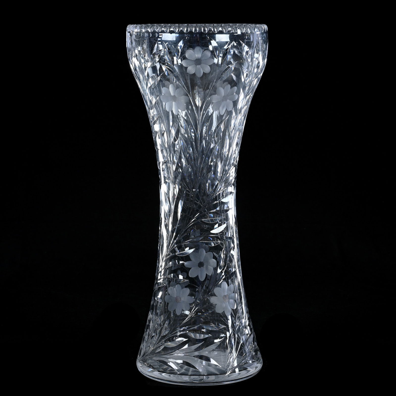 Vase, American Brilliant Cut Glass: Vase, American Brilliant Cut Glass, 16 x 6.5 x 6.5 Inches, Note Indicated Engraved Floral Pattern By Liberty Glass Company, Unable To Verify, 9 Pounds, Private Collection.