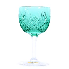 Wine Stem, American Brilliant Cut Glass, Aquamarine Cased Bowl, Strawberry Damond And Fan Motif