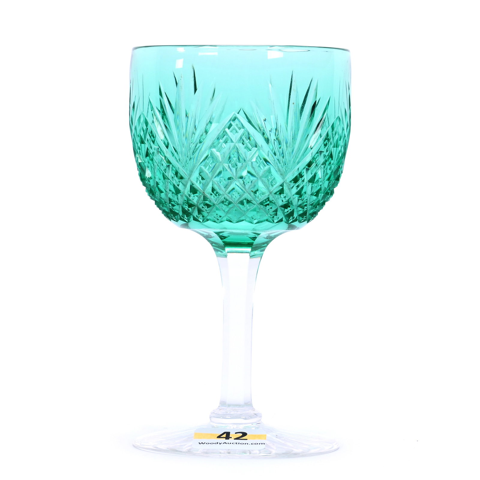 Wine Stem, American Brilliant Cut Glass, Aquamarine Cased Bowl, Strawberry Damond And Fan Motif: Wine Stem, American Brilliant Cut Glass, Aquamarine Cased Bowl, Strawberry Damond And Fan Motif, 4.875 x 2.625 x 2,625 Inches, Clear, Ray Cut Foot, Very Nice Color, 1 Pound, Tennessee Private Collecti