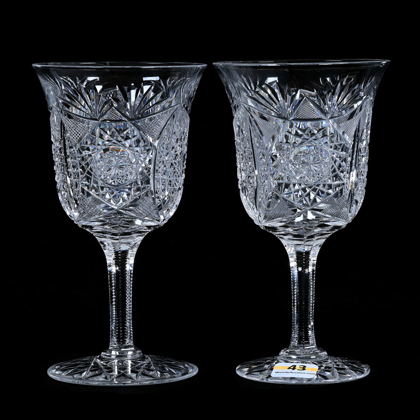 Pair Water Goblets, American Brilliant Cut Glass: Pair Water Goblets, American Brilliant Cut Glass, 6.25 x 3.5 x 3.5 Inches, Hobstar, Crosscutting, Vesica, Cane, Prism, And Fan Motif, Hobstar Foot, One Foot Smaller Diameter, 2 Pounds, Tennessee Priva